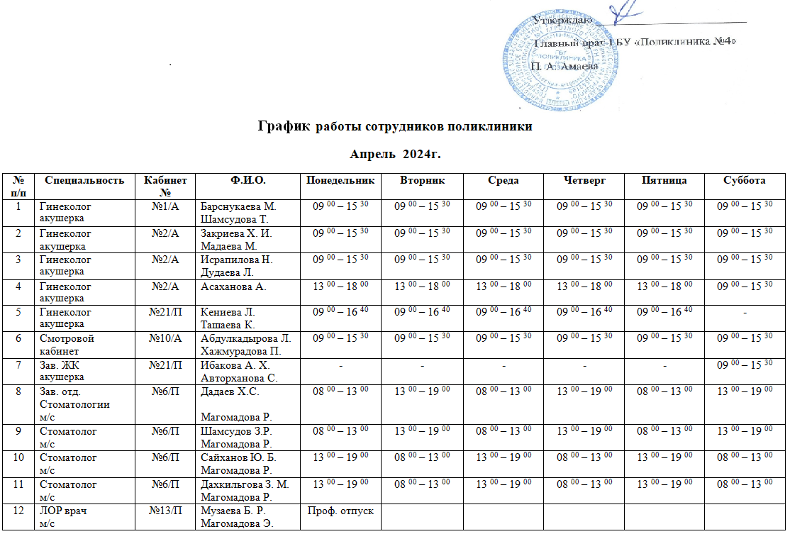 График работы ГБУ «Поликлиника №4 г.Грозного» — Поликлиника № 4 г. Грозного